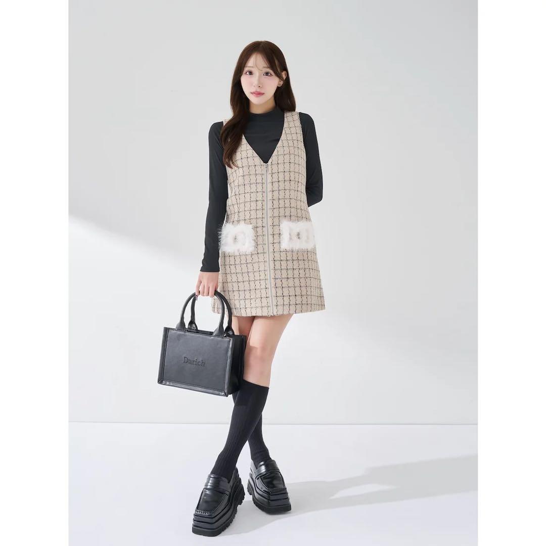 新品タグ付 ダーリッチ フロントファスナーツイードミニワンピース ベージュ