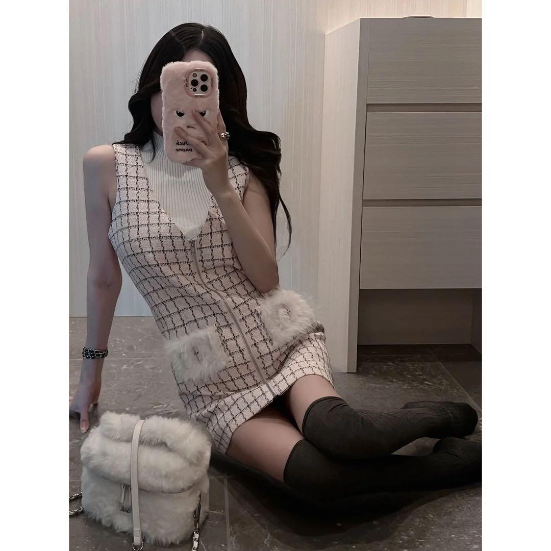 新品タグ付 ダーリッチ フロントファスナーツイードミニワンピース ベージュ