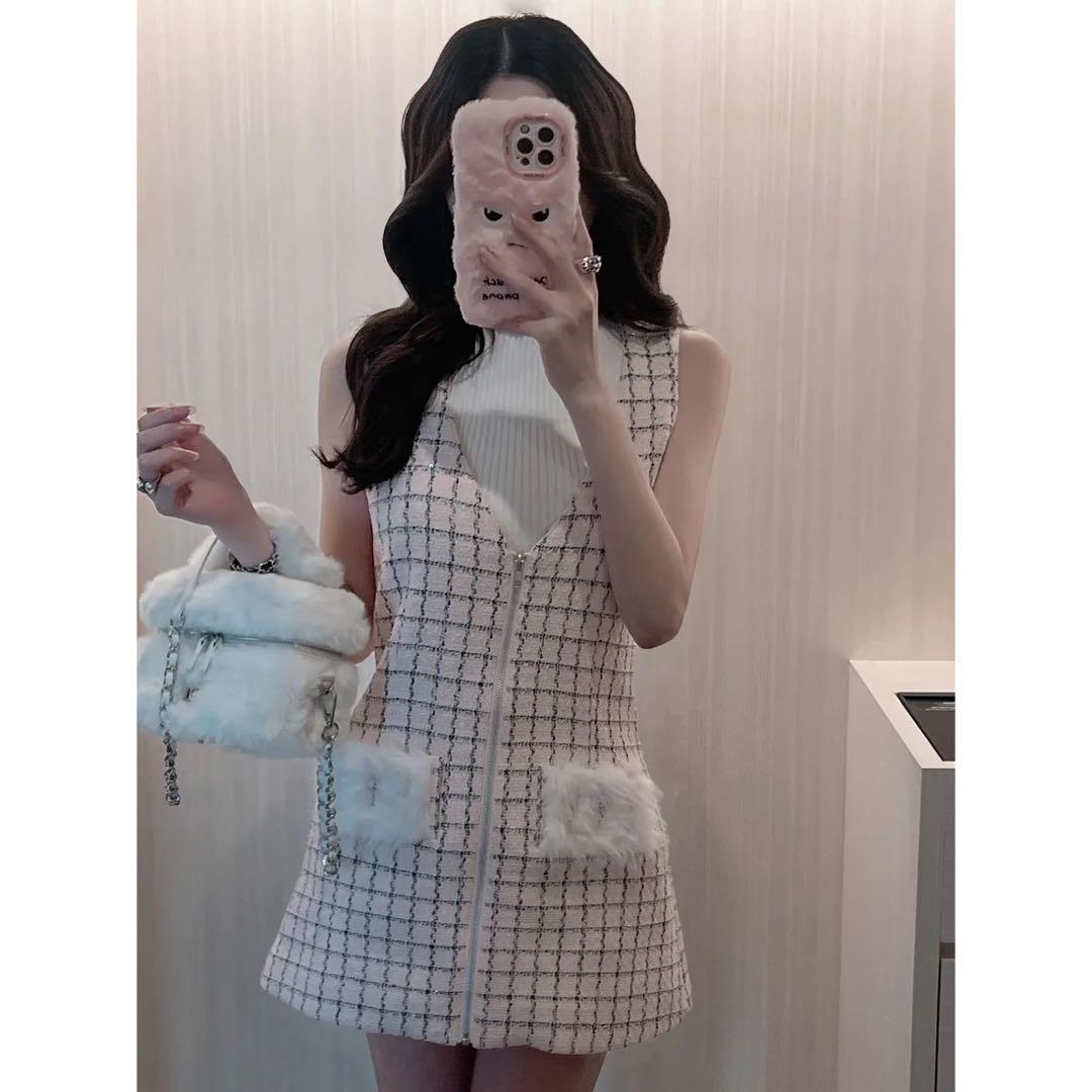 新品タグ付 ダーリッチ フロントファスナーツイードミニワンピース ベージュ