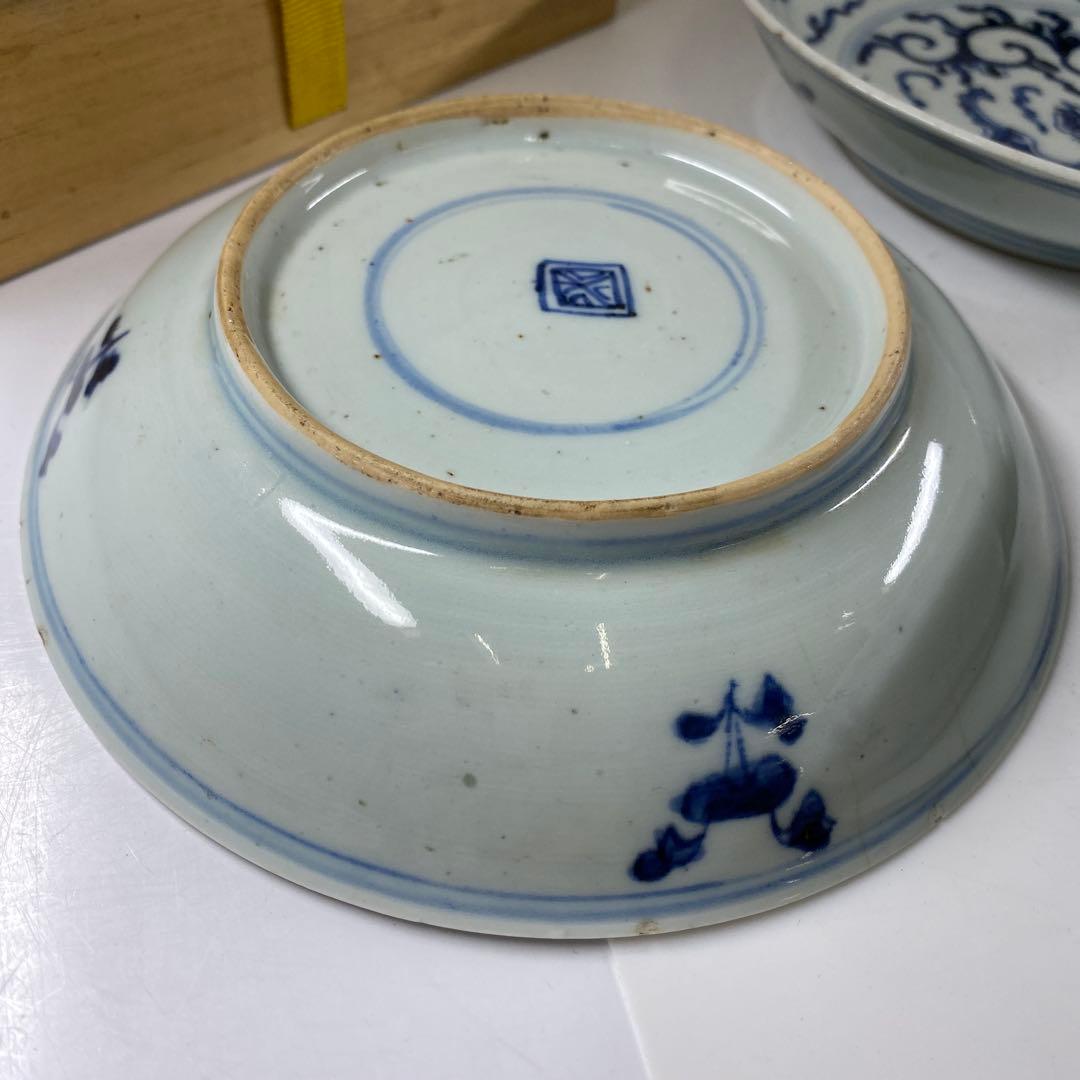中国清時代　新渡青花龍図中皿　木箱付　直径約16㎝　東Y7-0326☆2F