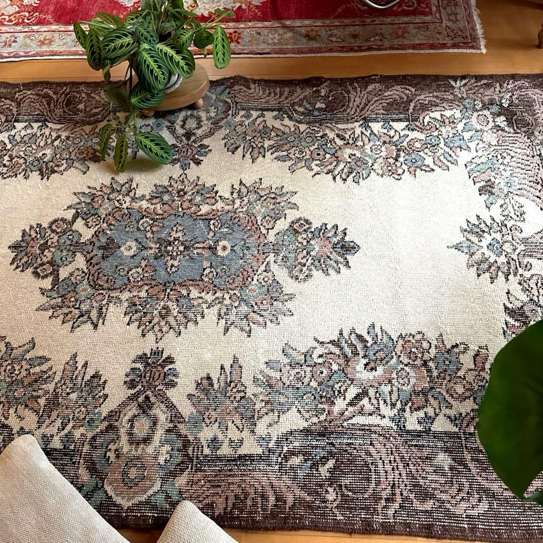 119×204ブラウン×クリーム　ピンク水色　メダリオン　トルコヴィンテージラグ