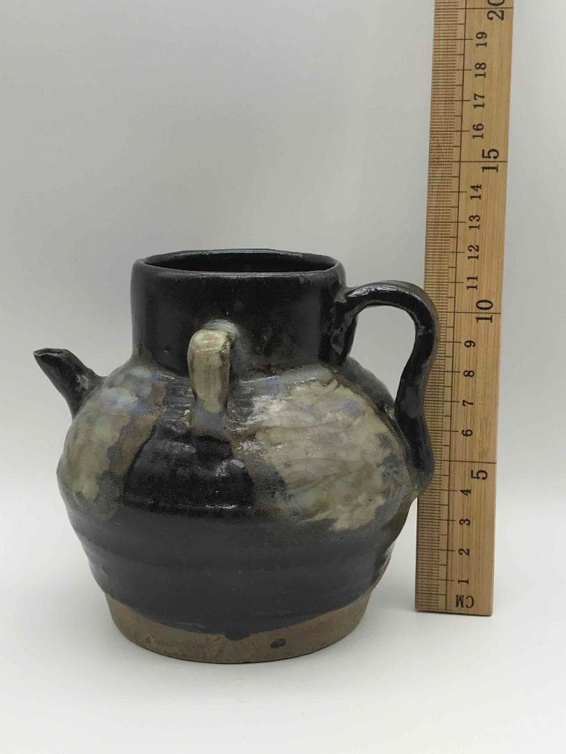 唐時代　黒釉鉄斑壺　双係瓶　水注　水差し　水指　海鼠釉　時代物(A-50)