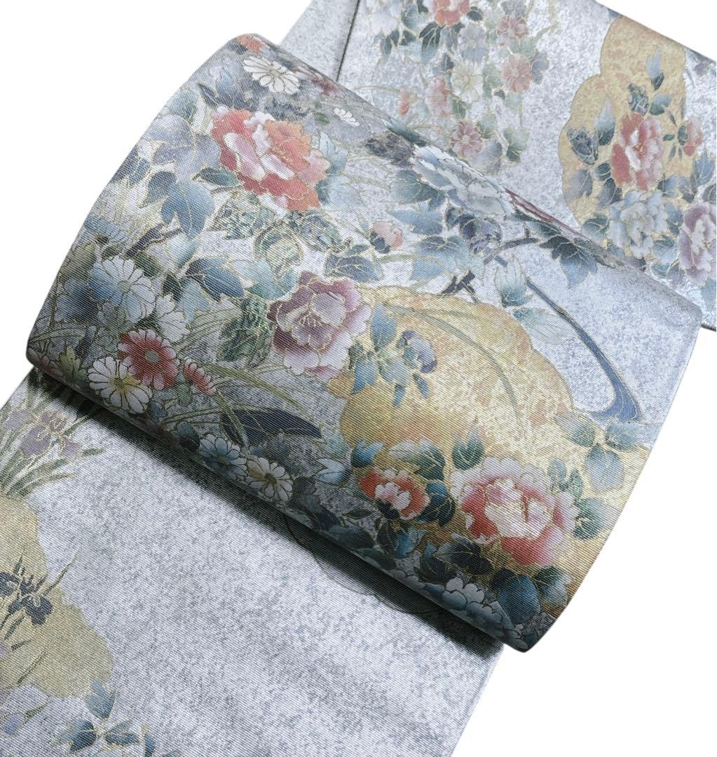 A 182袋帯 六通柄 箔　螺鈿 花草　美品 正絹 着物