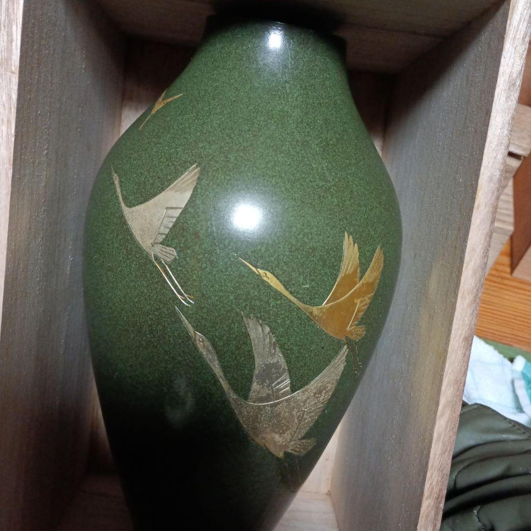 緑色の鶴模様の陶器花瓶 約29cm