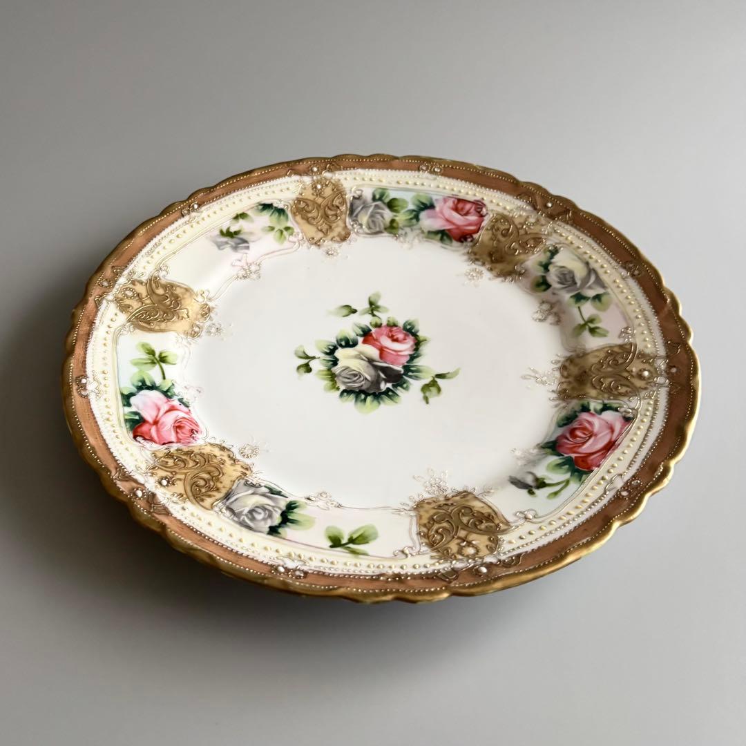 アンティーク　初期オールドノリタケ　金彩＆薔薇　華やかなジュエルプレート⁂稀少品