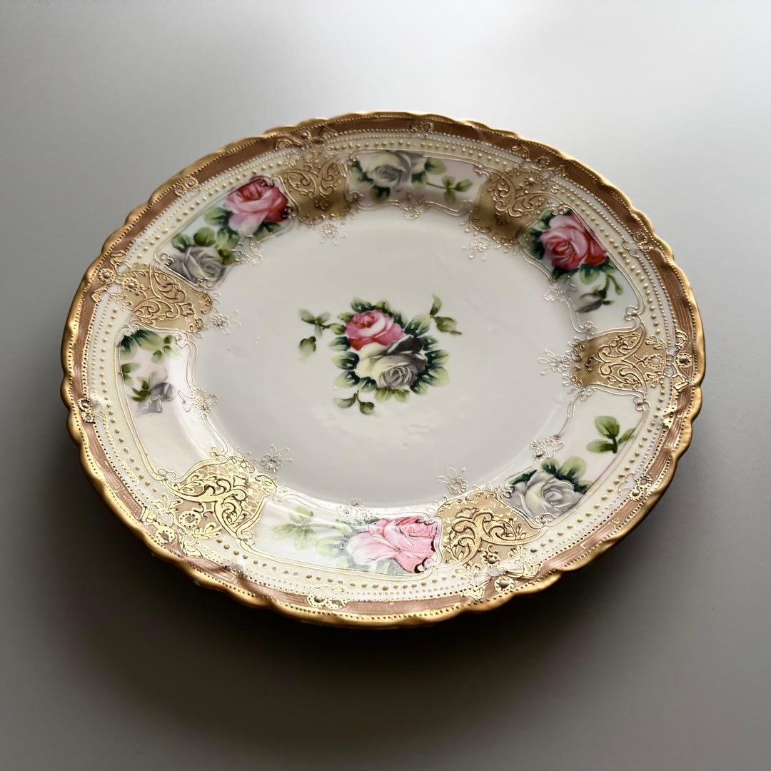 アンティーク　初期オールドノリタケ　金彩＆薔薇　華やかなジュエルプレート⁂稀少品