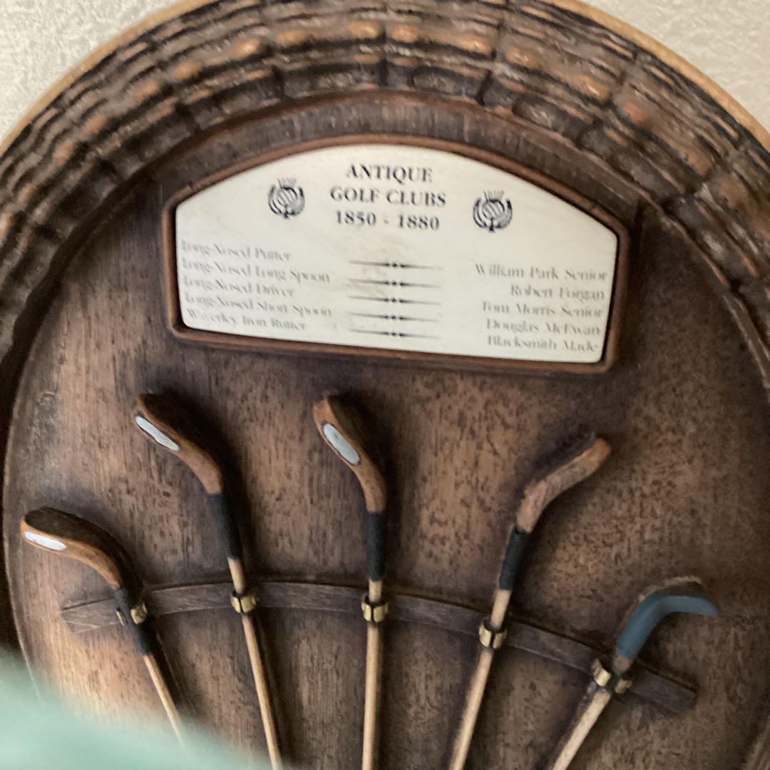 英国製アンティーク壁掛　レトロ　木製ゴルフクラブ手作り彫刻５本　ゴルフヘリテイジ