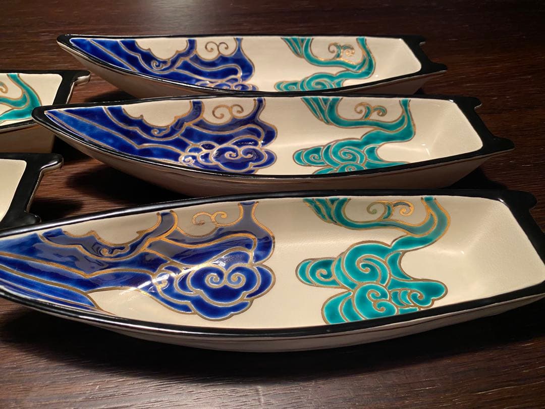 京焼向付　仁清流水舟形向付5客　新品未使用　京焼