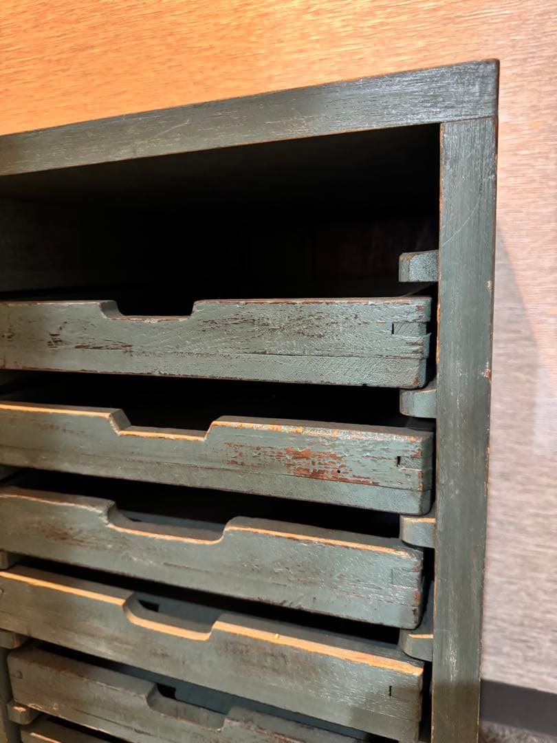 ビンテージ グリーン収納ボックス 木製10段引き出し レターケース 工具棚