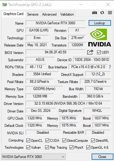 ASUS RTX 3060 12GB V2 動作確認済（24年12月購入）