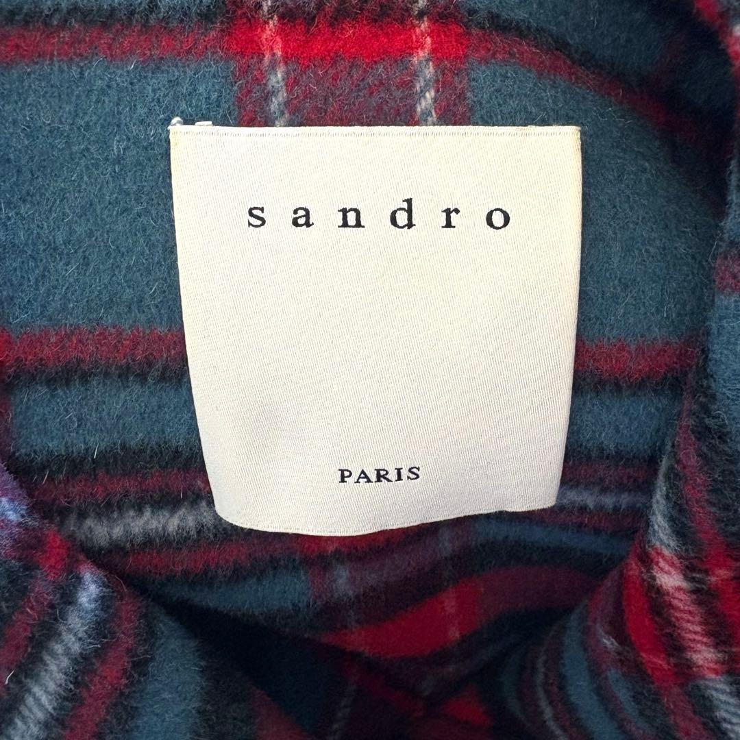 美品 sandro ビジュー装飾 チェック柄 ウールコート シャツジャケット