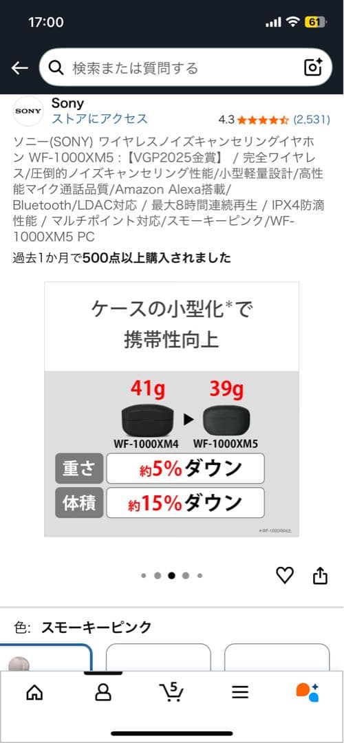 Sony WF-1000XM5 ワイヤレスイヤホン スモーキーピンク