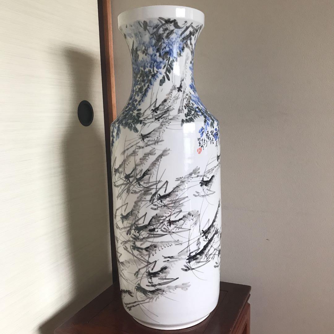 中国美術　特大花瓶　民国　骨董品　海老の絵　高さ66cm