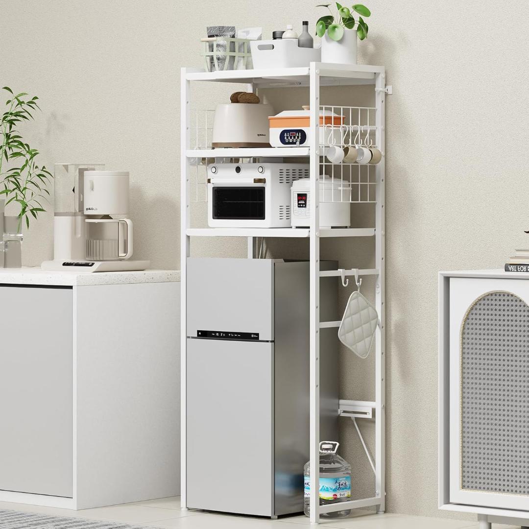 レンジ　ゴミ箱上ラック 冷蔵庫上ラック 幅50～80cm伸縮可・2口コンセント付