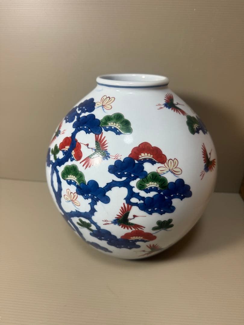 2133 源右衛門　染錦松鶴　花瓶