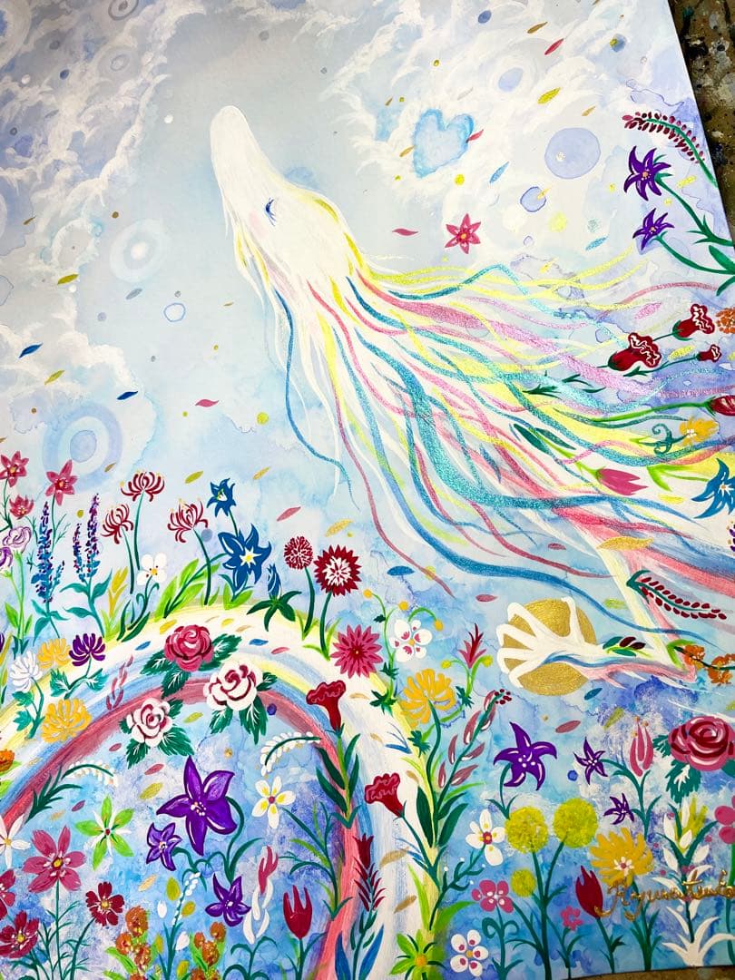 ありりん0703☆ 秋の花々と虹龍 絵画 アクリル画 開運絵画 龍ノツカイ
