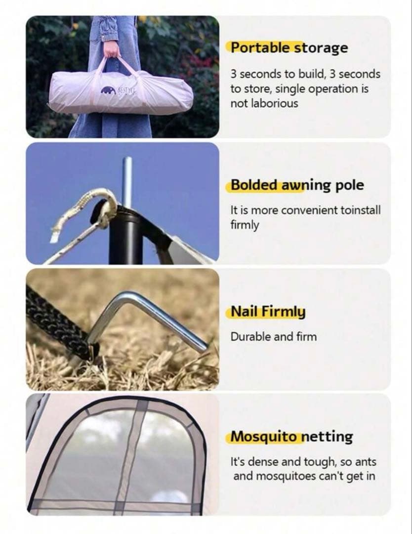 キャンプ用アウトドアテント、3-5人用、 組み立て不要、日射しや風に強く