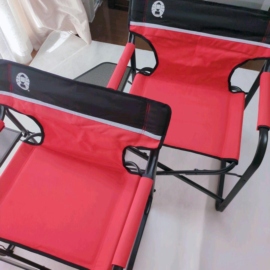 美品 コールマン サイドテーブル付デッキチェア2脚 レッド