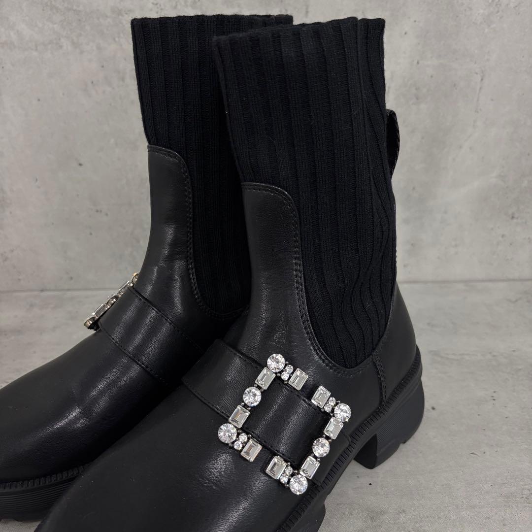 ここ +diana リブ ニット ショート ブーツ ビジュー バックル付