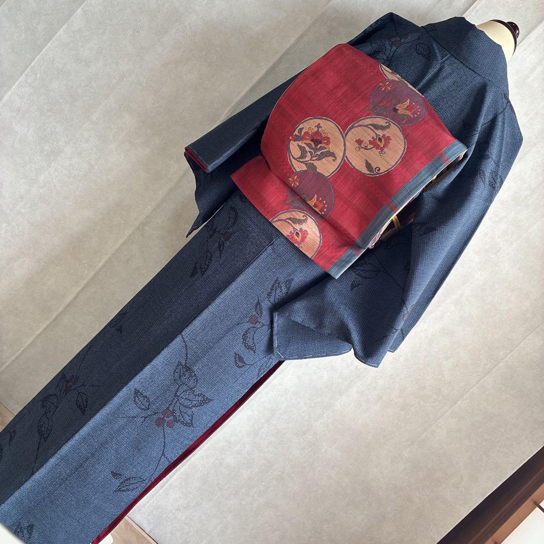 小紋　フルセット　着物　正絹　しつけ糸付き　紺映え　木の実　大人粋　J7