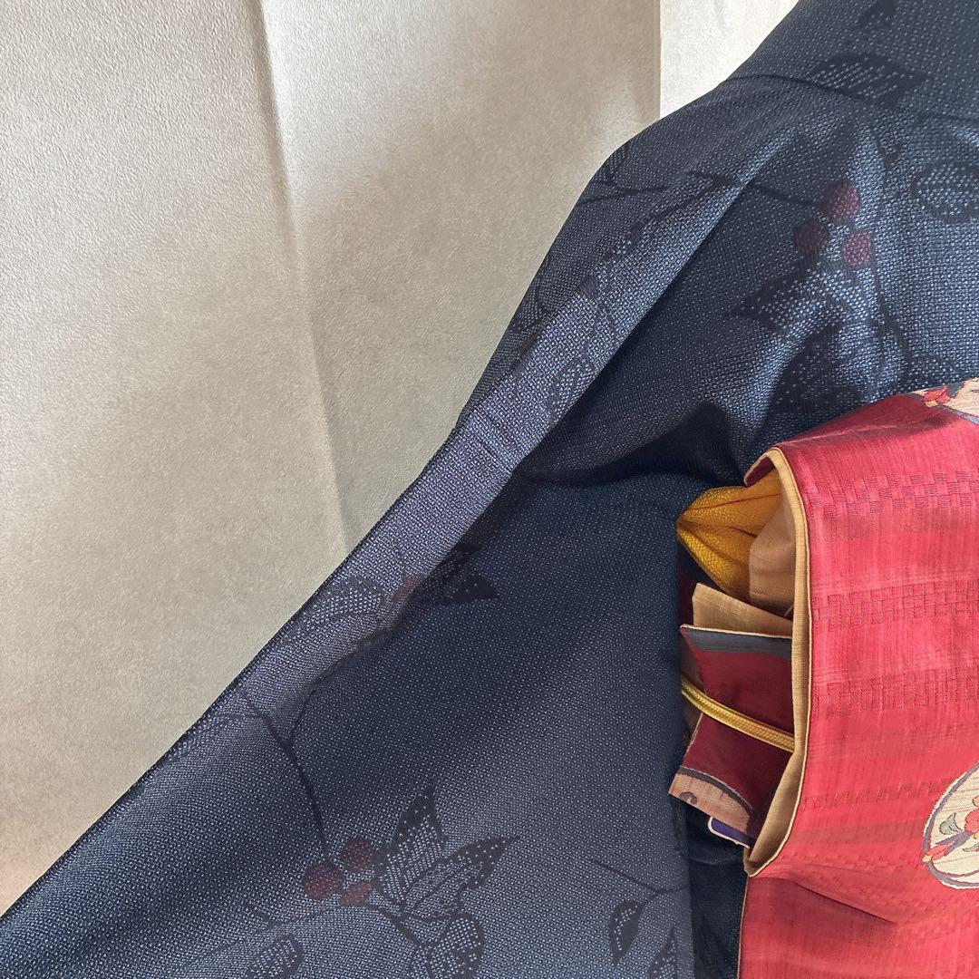 小紋　フルセット　着物　正絹　しつけ糸付き　紺映え　木の実　大人粋　J7