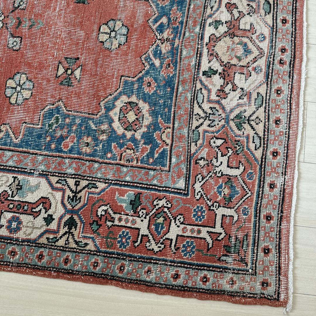 トルコヴィンテージラグ A51 レア オレンジ テラコッタ ネイビー グリーン