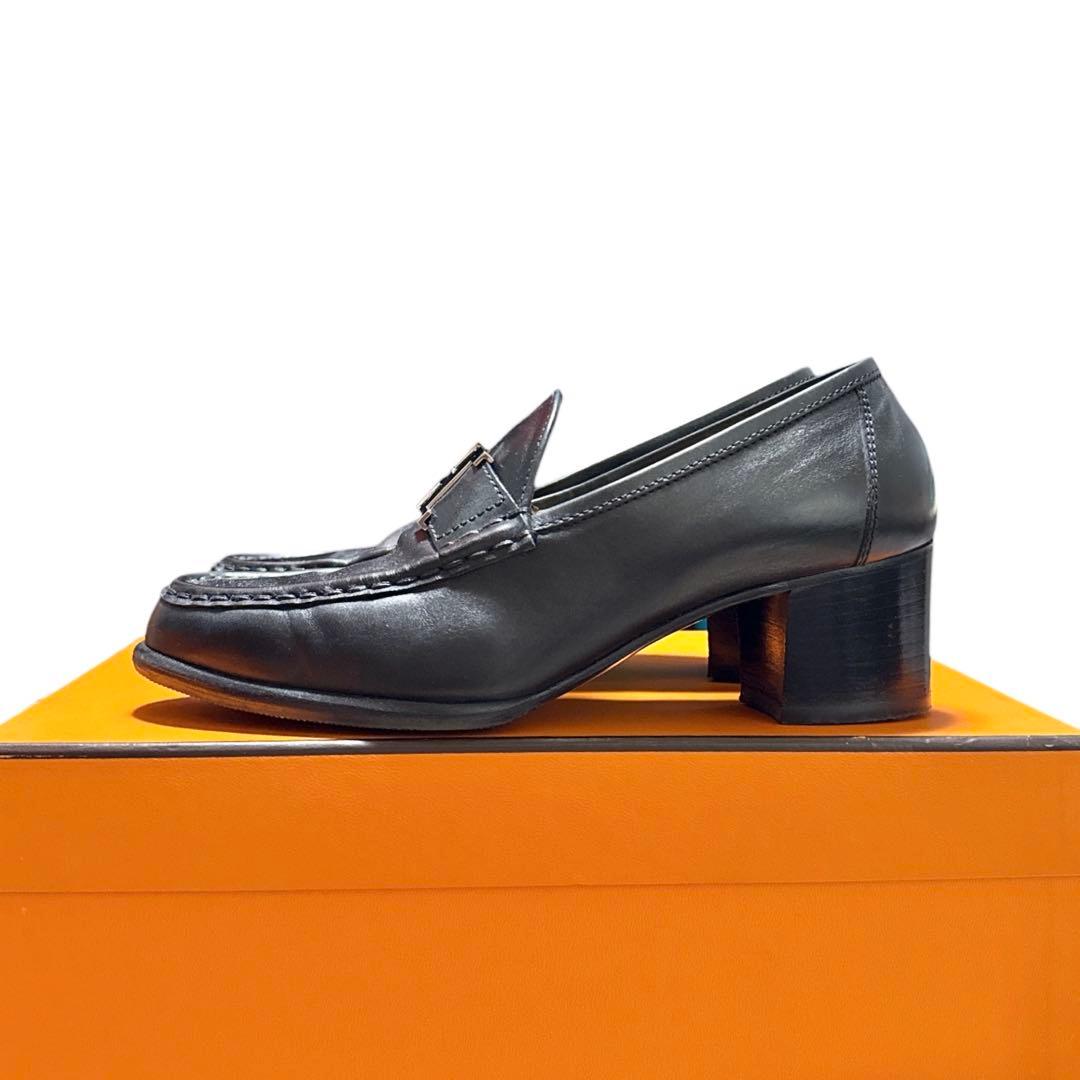 HERMES ブラック ヒール ローファー Hロゴ付き 箱付き