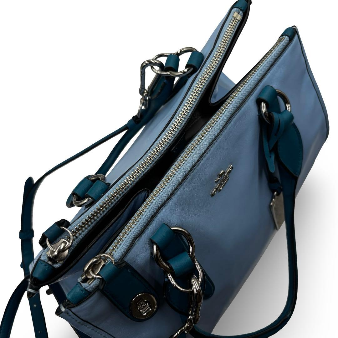 【良品】コーチ　2way ショルダーバッグ　トート　レザー　チャーム　ブルー馬車