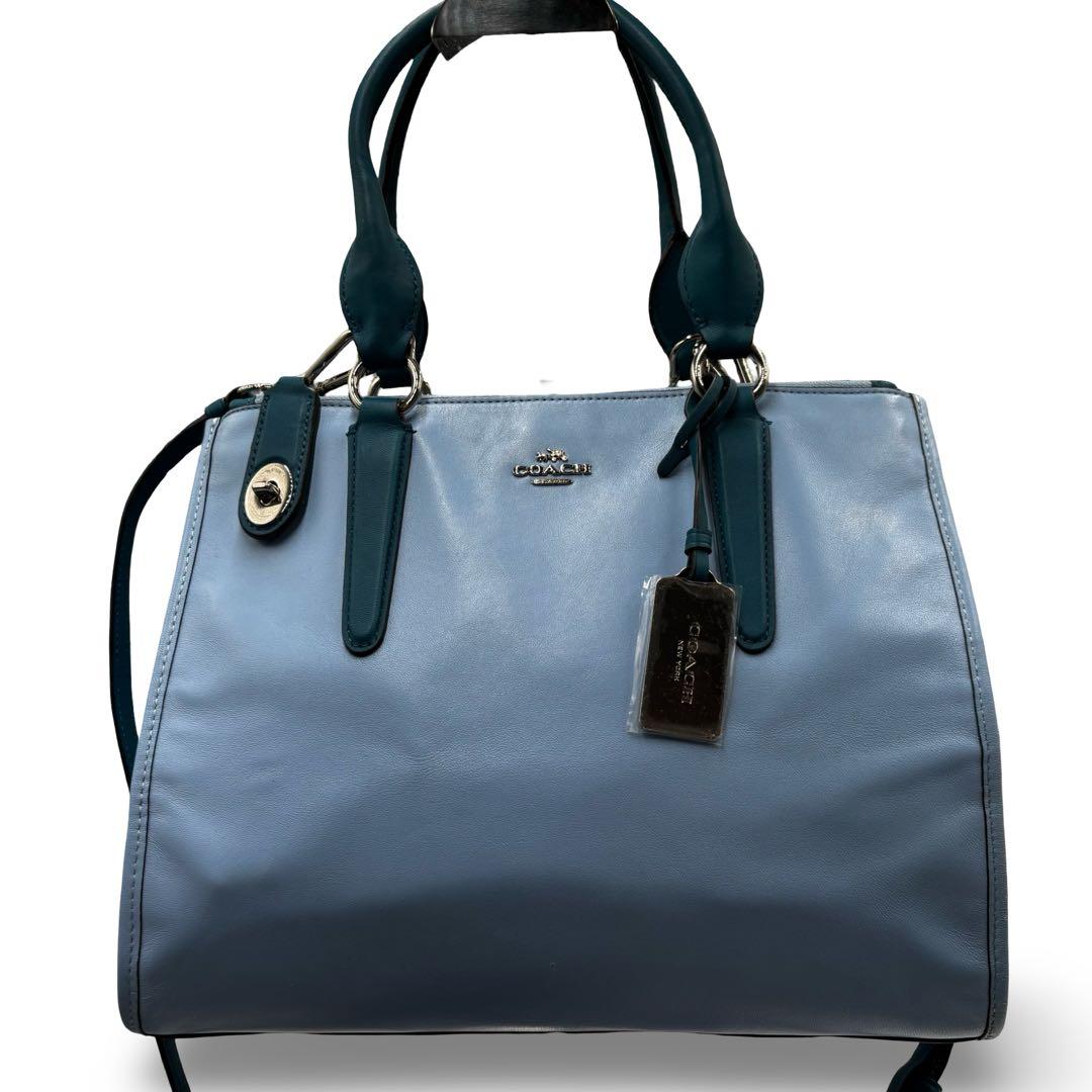 【良品】コーチ　2way ショルダーバッグ　トート　レザー　チャーム　ブルー馬車