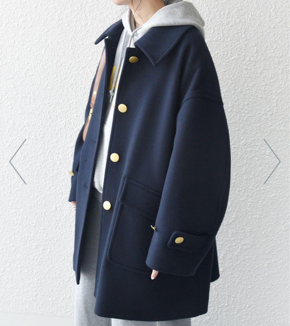 美品◇シップスエニィ　金ボタン　ステンカラー　コクーン　ミドルコート　ネイビー