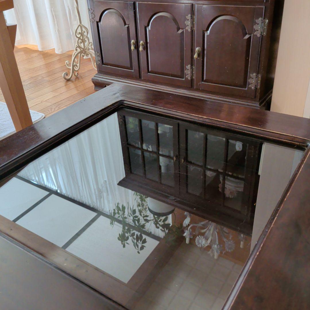 アジアン家具　サイドテーブル　収納付き　ガラス天板　ブラウン