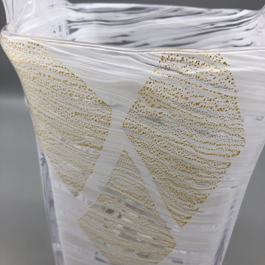 希少岩津ガラスビンテージハンドル付き四角フラワーベース花瓶マーブル金斑点柄