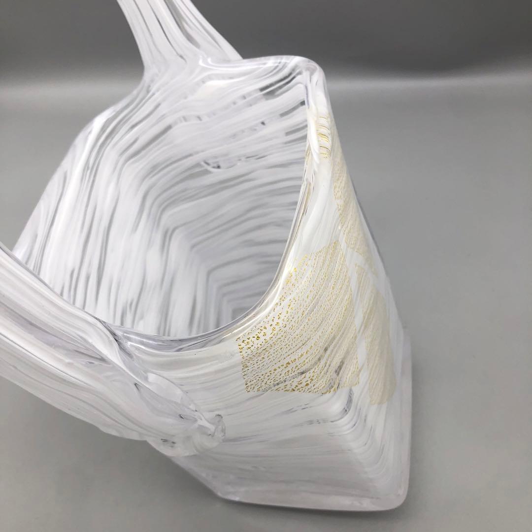 希少岩津ガラスビンテージハンドル付き四角フラワーベース花瓶マーブル金斑点柄