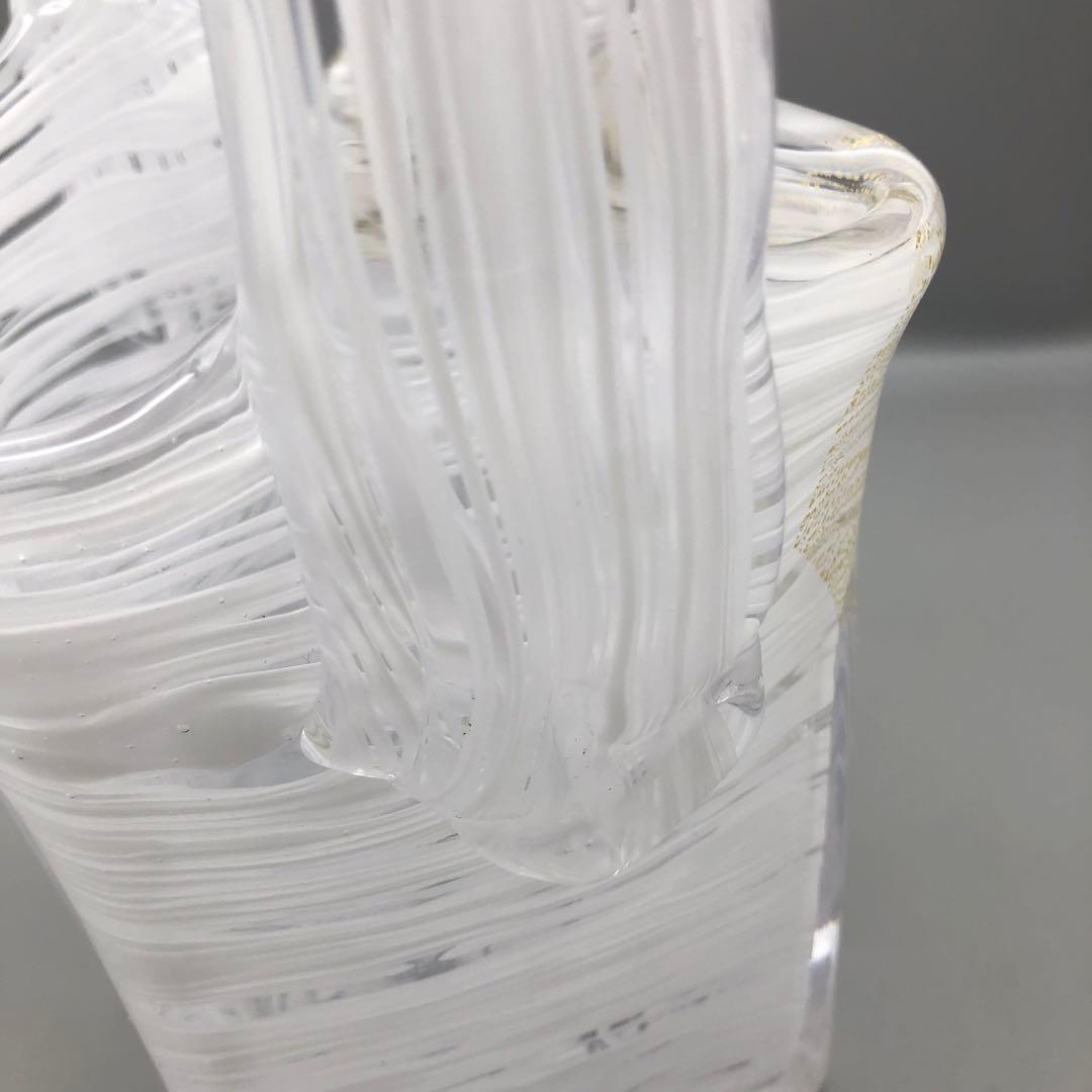 希少岩津ガラスビンテージハンドル付き四角フラワーベース花瓶マーブル金斑点柄