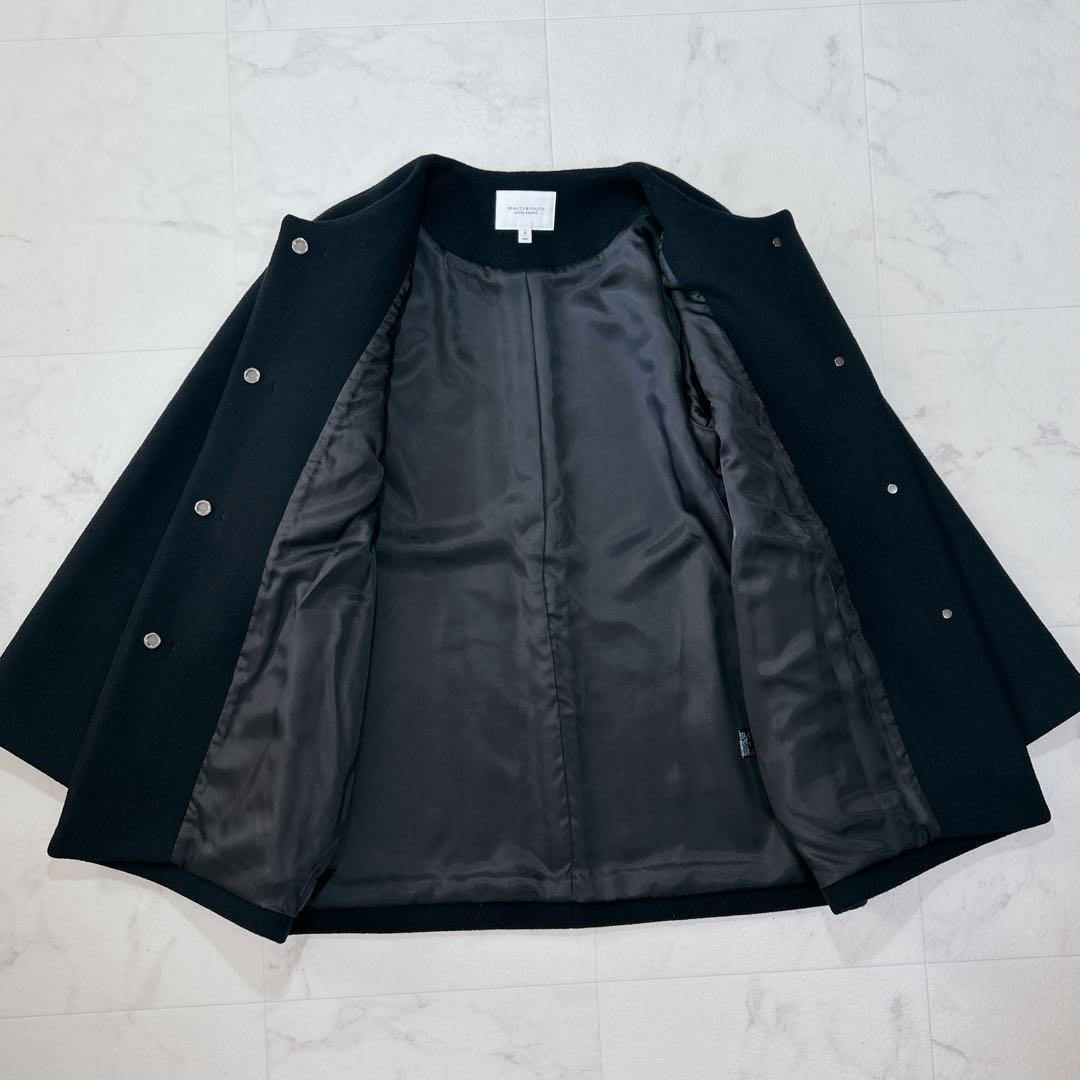 美品 BEAUTY&YOUTH ビーバー ノーカラー ショート コート ネイビー
