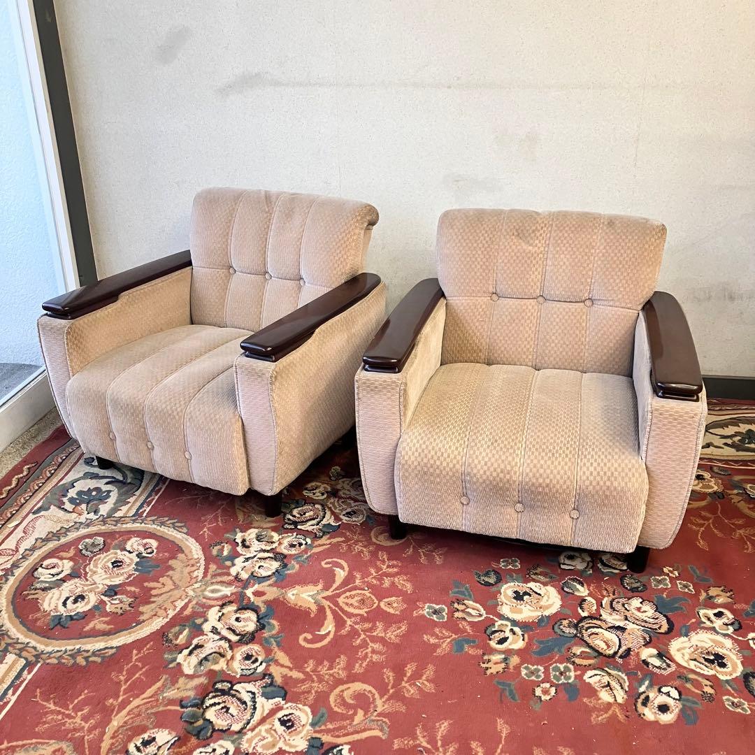 ① 昭和レトロ 馬場家具 木製フレーム アームチェア 1人掛けベロアソファー