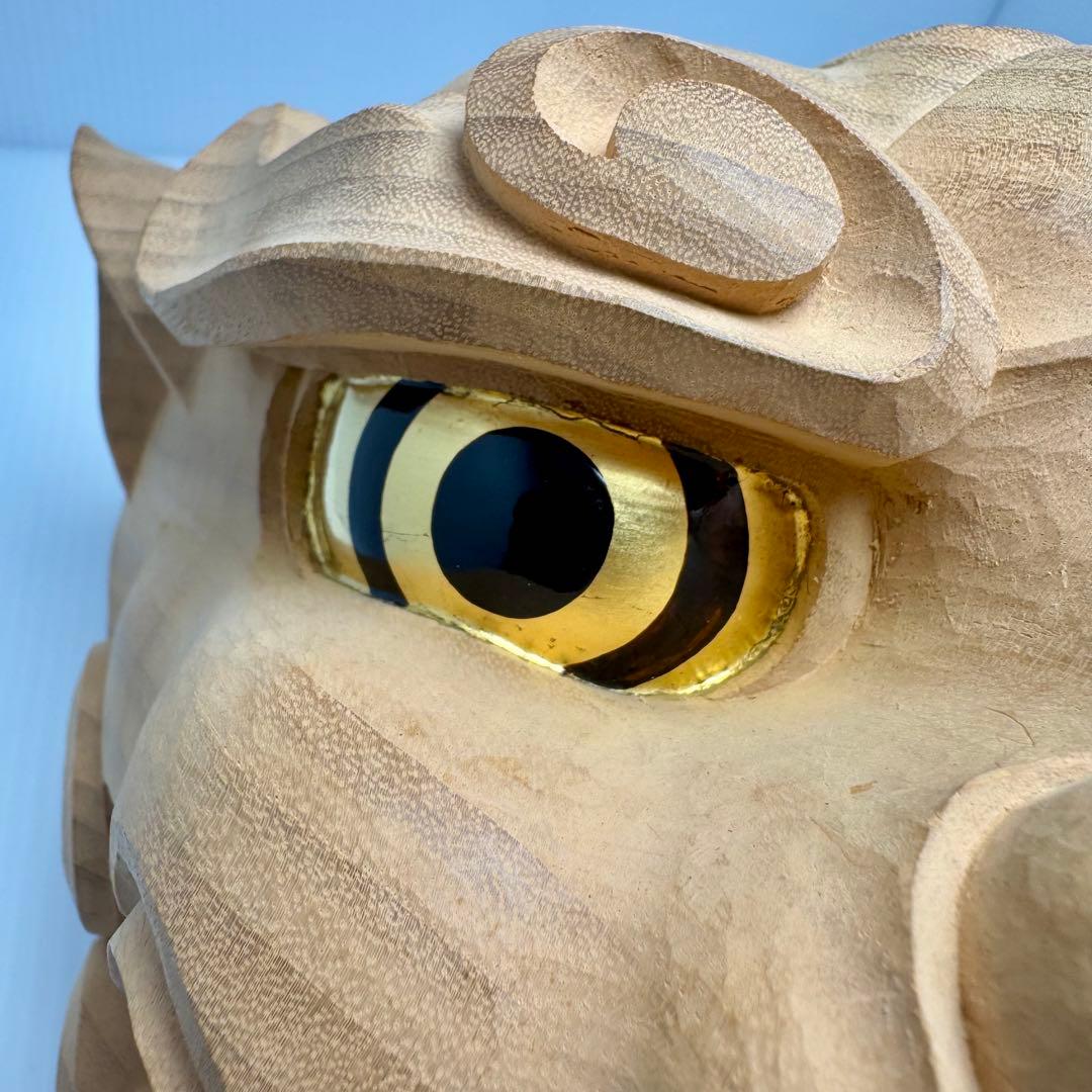 未使用 木彫 獅子頭 横山一夢作 木製 獅子 置物 共箱 説明書 作家物