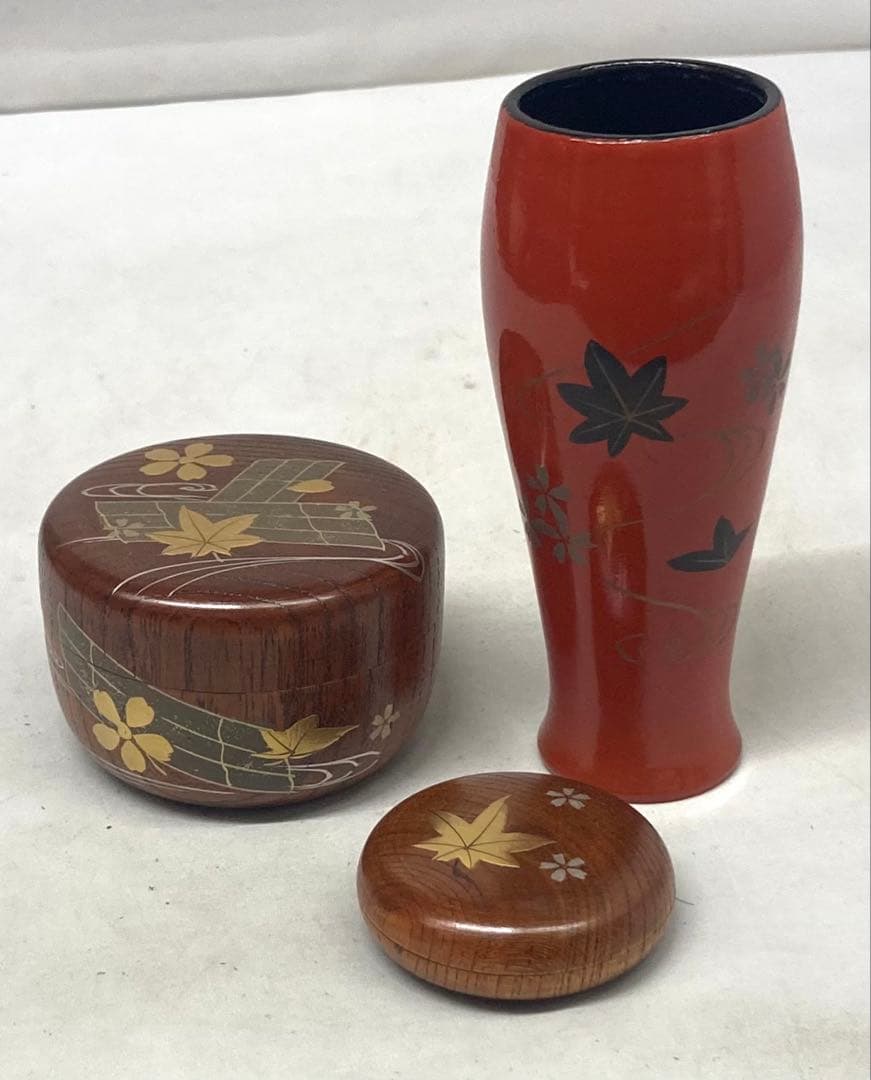 B546b 松竹梅鎌倉彫茶箱セット 13点　京焼　茶道具　内裏雛