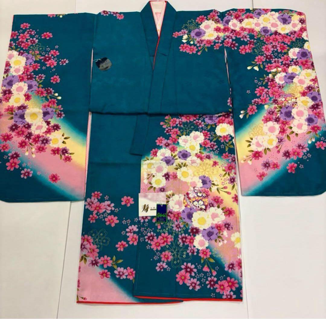 七五三　7歳女の子着物　新品　2点セット　秋桜　鮮やかブルーグリーン　鈴　八重桜