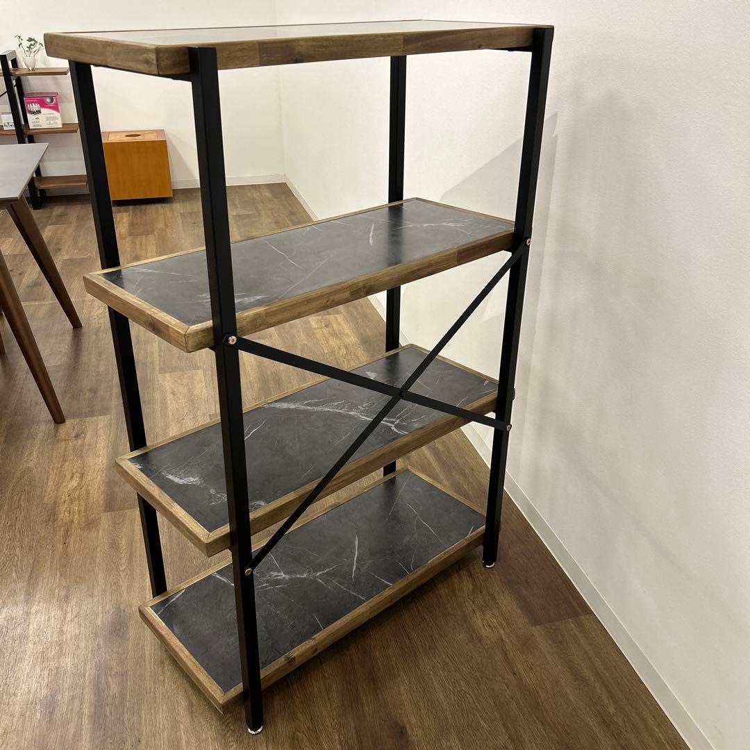 ラック4段 シェルフ 石目調 収納棚 本棚 間仕切り アイアン ビンテージ風