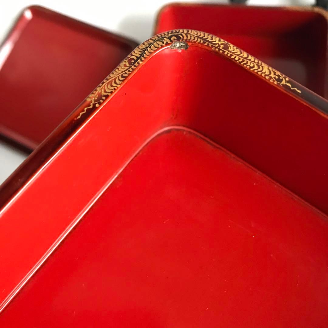 当時物 漆塗り 沈金 金蒔絵 天然木 4段重箱