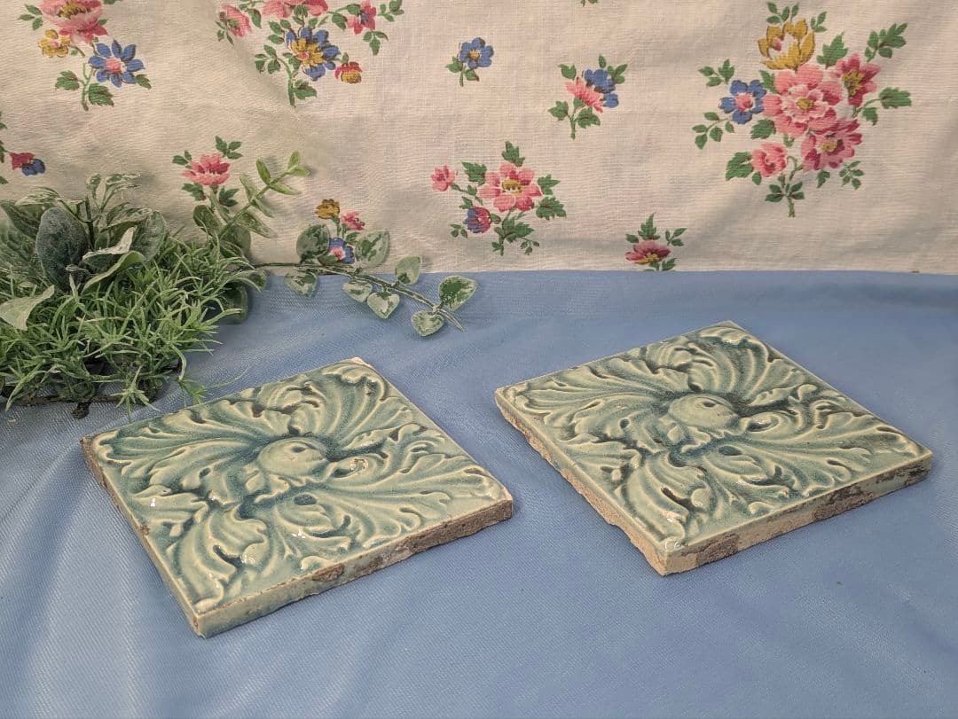 イギリス アンティーク タイル ブルー ４枚セット