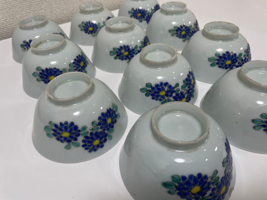 【現状品】白磁 茶碗 蓋付き椀 秋庭菊花香 花柄 レトロ アンティーク 11客
