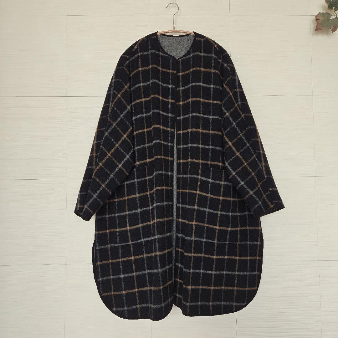 モガ　グレー&チェックのリバーシブル 2フェイスWoolコート