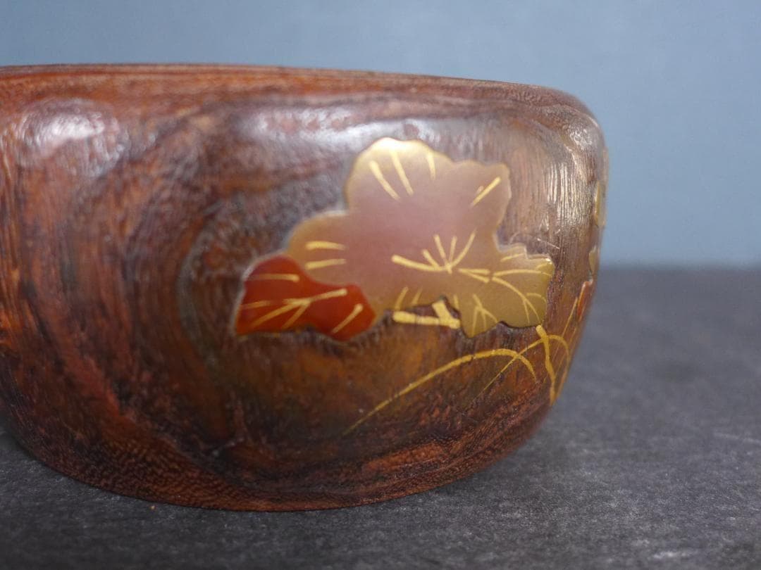 時代物　小型手あぶり火鉢　桑の木一刀彫 蒔絵　古道具　アンティーク　骨董