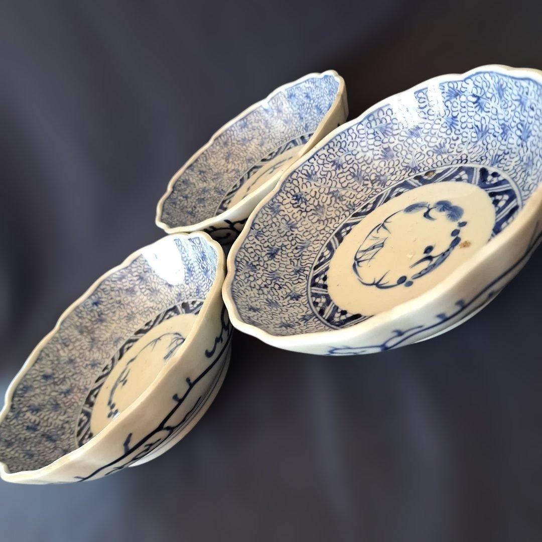 「人気の微塵(みじん)唐草文」 古伊万里皿(直径15.5cm) 3客セット 骨董