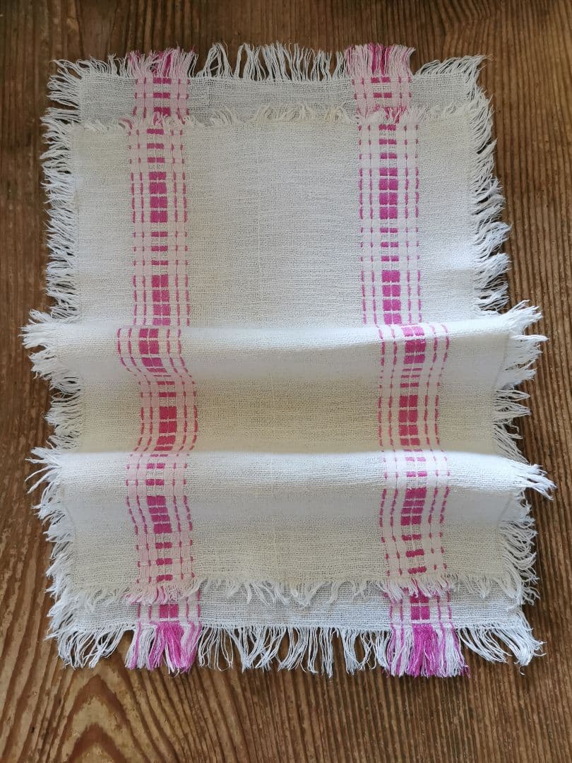 ヴィンテージフランス ラズベリー＆桜ピンク織刺繍 テーブルマット リネンランナー