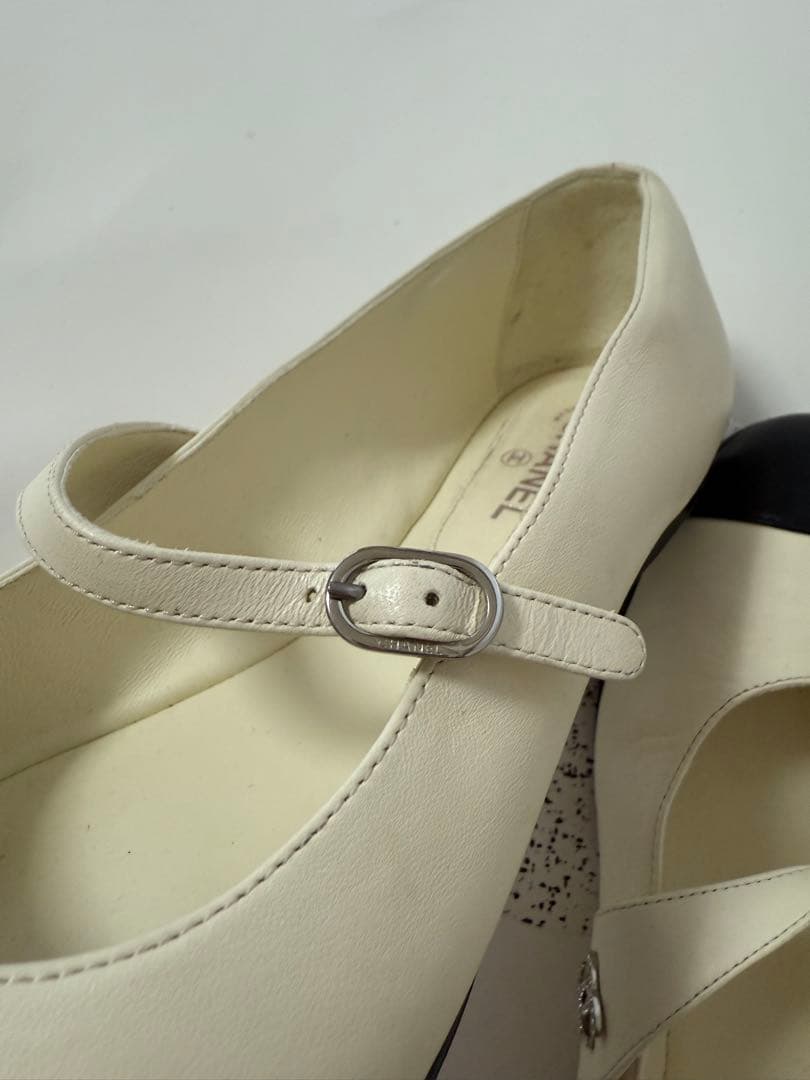 シャネル メリージェーン バレリーナ フラットシューズ ホワイト ツートン 37