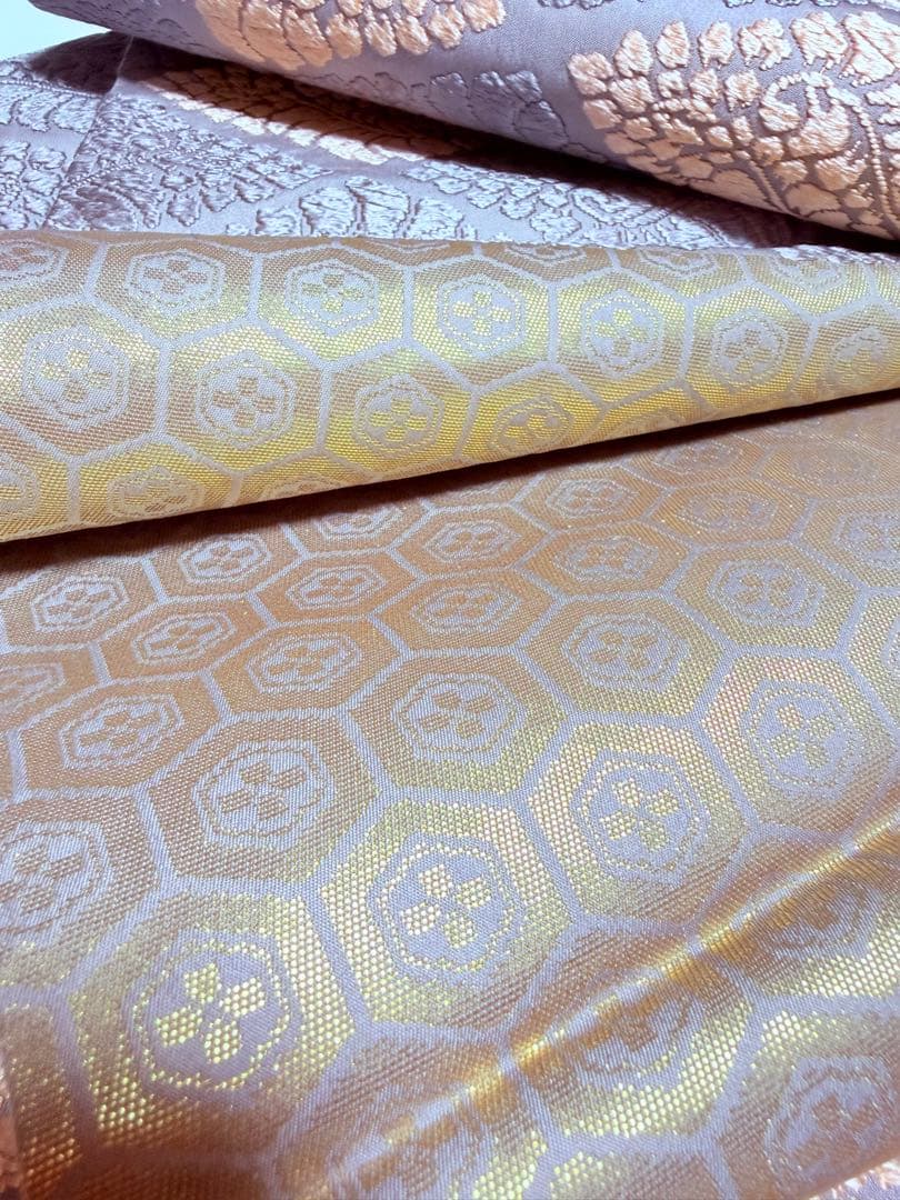 高級 袋帯 正絹 六通柄 総唐織 薄紫色 オレンジ 菱形 フォーマル 約60万円