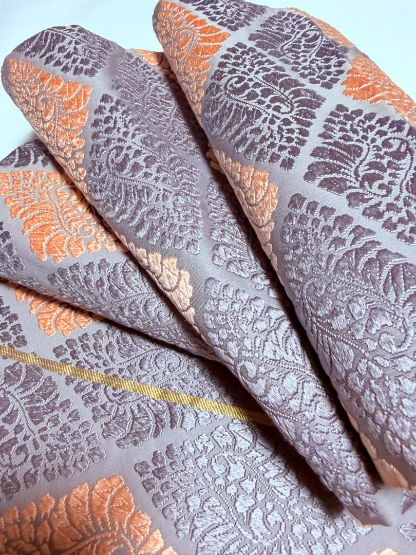 高級 袋帯 正絹 六通柄 総唐織 薄紫色 オレンジ 菱形 フォーマル 約60万円